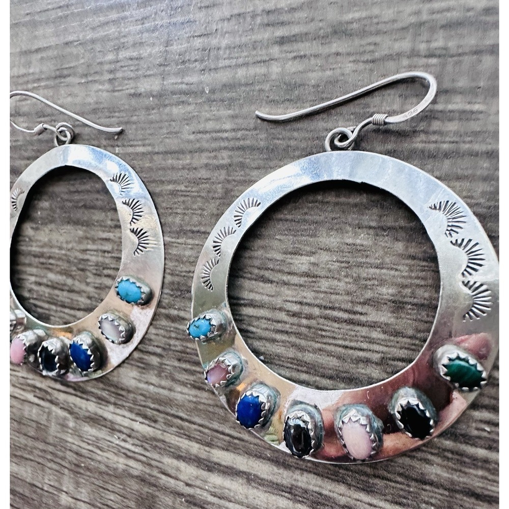 Navajo Sterling Silver Multi Stone Large Hoop Earrings Signed AJ - Picture 3 of 16